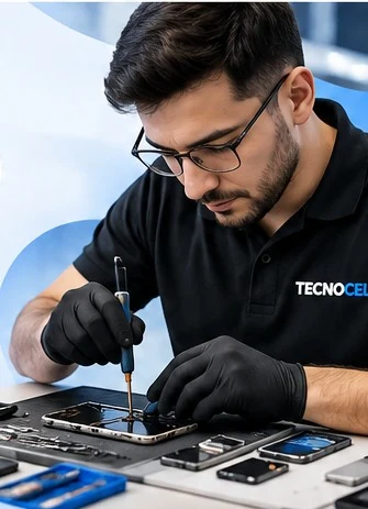 Técnico de servicio reparando un dispositivo móvil